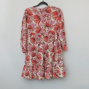 Zara The Sharon Dress Womens Small Cream, Red & Pink Textured Floral One Button